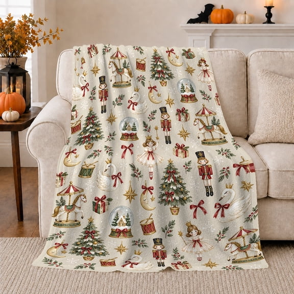 Nutcracker Ballet Watercolor Carousel Horse Christmas, Festive Holiday Scene, Warm Flannel Blanket for Ranch House and Living Room, Horse Lovers Christmas Gift, Rustic Home Decor