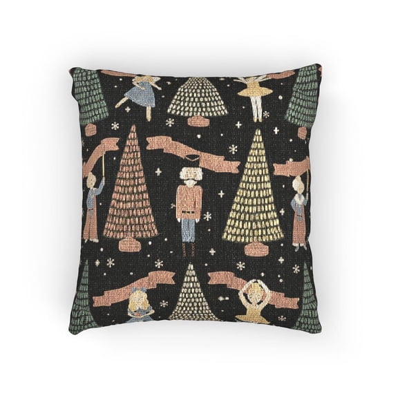 Nutcracker Ballet and Woodland Animals Dark Green Decorative Woven Pillow, Cotton-Polyester, Holiday Style