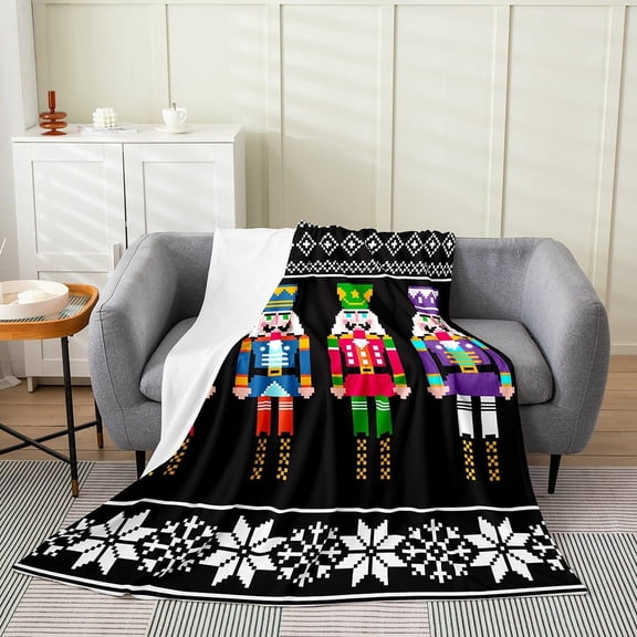 Nutcracker Blanket 40x50 Inch, Retro Xmas Blanket for Users men, Colorful Scandinavian Christmas Snowflakes Fuzzy Blanket, Black White Bedroom Decor Winter Flannel Blanket