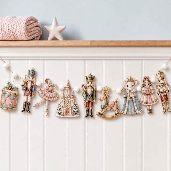 Nutcracker Character Garland Vintage Ballet Wooden Mantel Hanging Holiday Decor