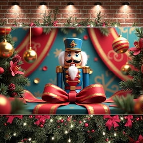 Nutcracker Christmas Banner Gold Ornaments Holiday Backdrop Red Ribbon Snowflake Pattern Festive Background for Christmas Party Home Decor Indoor Celebration