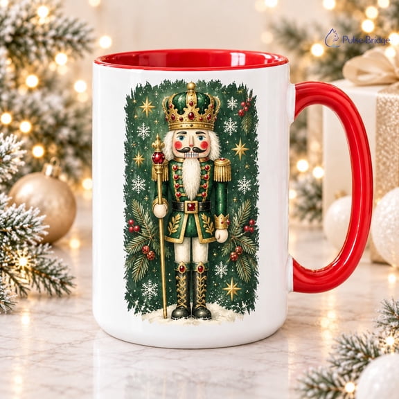 Nutcracker Christmas Coffee Mug, Emerald and Gold Royal Soldier Hot Drink Cup for Holiday Gift Giving