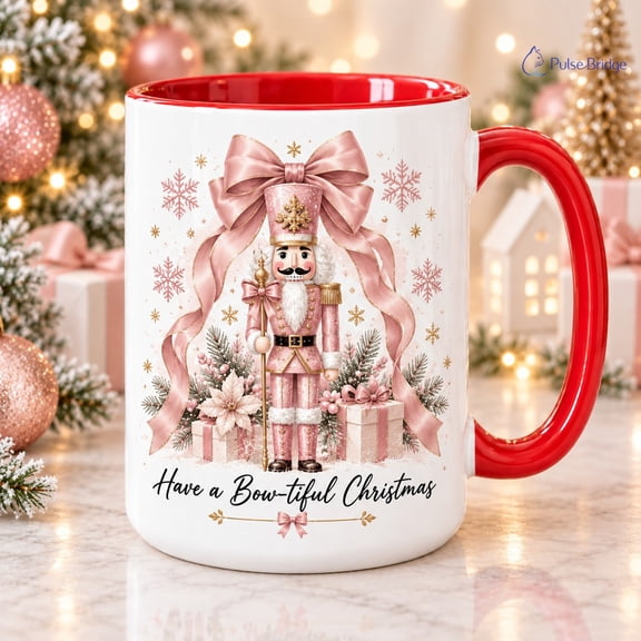Nutcracker Christmas Coffee Mug, Pink Bow Holiday Drinkware Gift for Friends