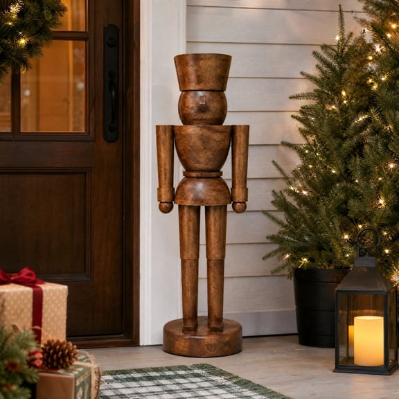 Nutcracker Christmas Decoration, 15.74 Inch Large Brown Faux Wood Nutcracker Figurine, Rustic Farmhouse Holiday Statue for Mantel, Front Porch, Entryway and Shelf