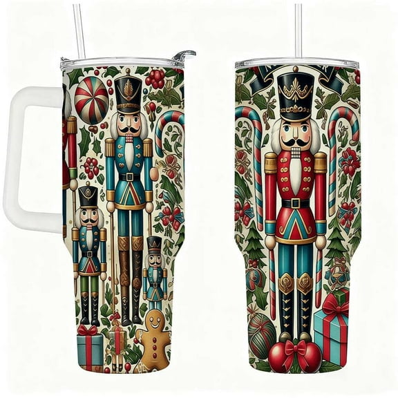 Nutcracker Christmas Insulated Tumbler with Lid and Straw, Holiday Soldier and Candy Cane Pattern Stainless Steel Travel Mug with Handle, Festive Gift Cup