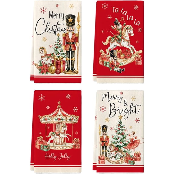 Nutcracker Christmas Kitchen Towels Set of 4, 18x26 Inch Carousel Rocking Horse Xmas Tree Gift Snowflake Holiday Dish Towels, Decorative Hand Towels for Kitchen
