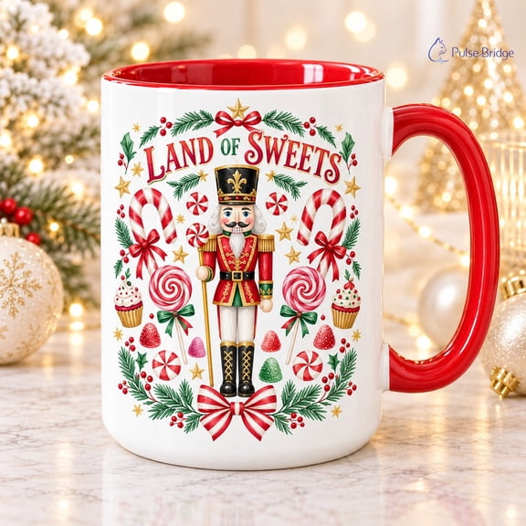 Nutcracker Christmas Mug, Land of Sweets Candy Cane Coffee Cup Gift for Holiday Drink Lovers