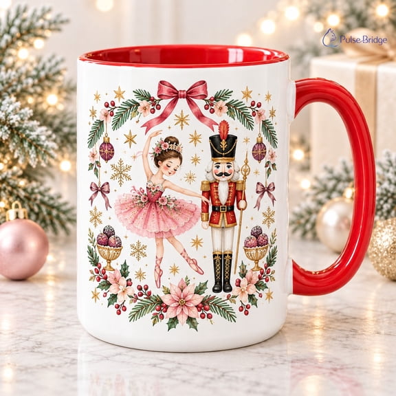 Nutcracker Christmas Mug With Pink Ballerina and Sugar Plum Design for Holiday Coffee Gifts