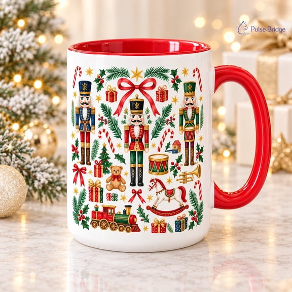 Nutcracker Christmas Mug with Toy Shop Design for Holiday Coffee Lovers