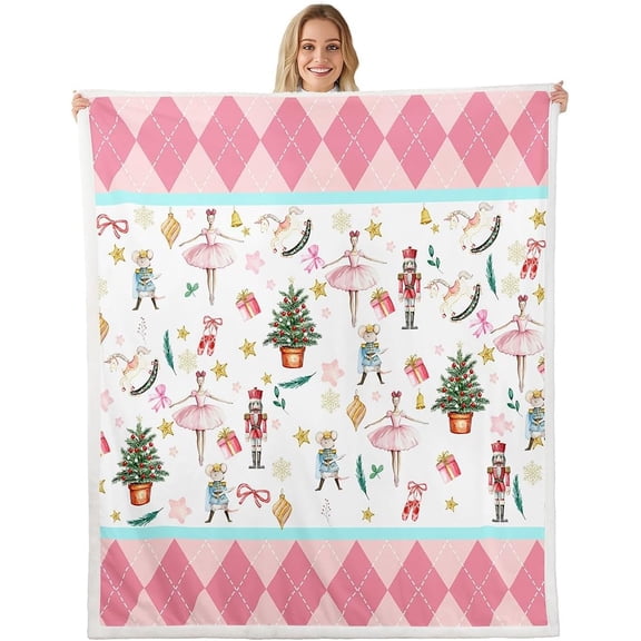 Nutcracker Christmas Pink Throw Blanket Baby 30"x40" Xmas Royal Guarder Ballet Princess Soft Fleece Sherpa Cozy Warm New Year Pink Buffalo Plaid Fuzzy Plush Throw Gifts for Kids Boys Girls