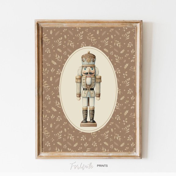 Nutcracker Christmas Print, Christmas Vintage Style Print, Holiday Wall Art, White And Mocha Mousse Nutcracker #16, Unframed Poster Size 12x18