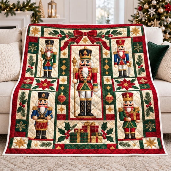 Nutcracker Christmas Quilted Blanket, Traditional Holiday Throw Blanket, Red Green Christmas Quilt Decor