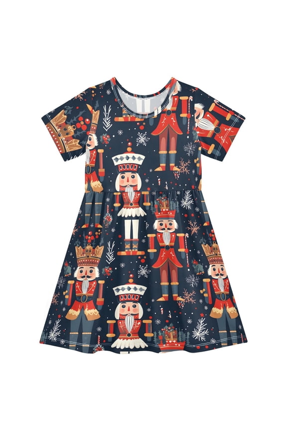 Nutcracker Christmas Short Sleeve Dress A-Line Cute Midi Casual Sundress 2-8 Years