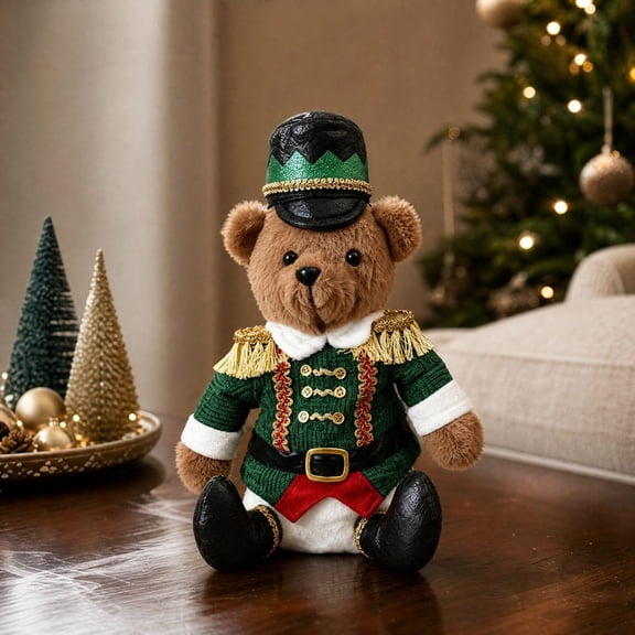 Nutcracker Christmas Teddy Bear, Sitting Soldier Bear Doll with Red or Green Uniform Plush Desktop Ornament for Table Shelf Mantel Festive Home Decor Holiday Gift and Winter Decoration Green