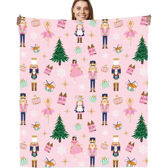 Nutcracker Christmas Throw Blanket, Pink Ballet Dancer and Holiday Ornament Design Soft Cozy Flannel Blanket (50" x 60")