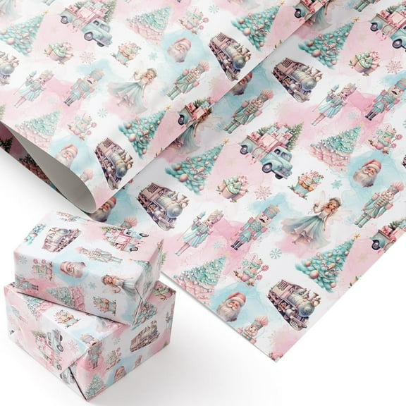 Nutcracker Christmas Wrapping Paper Sweet Pastel Nutcracker Scene with Trees, Train Angels 23x58 Inch Xmas Gift Wrap, 4 Folded Sheets for Boys Girls Adults