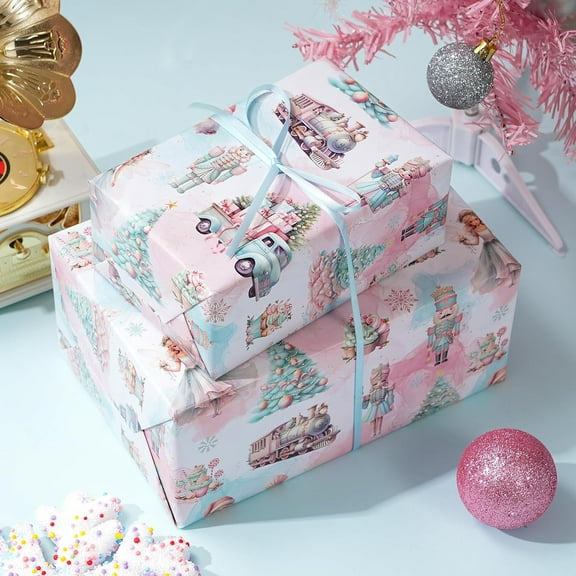 Nutcracker Christmas Wrapping Paper Sweet Pastel Nutcracker Scene Trees Train Xmas Gift Wrap Paper, 58x23in, 1 Roll