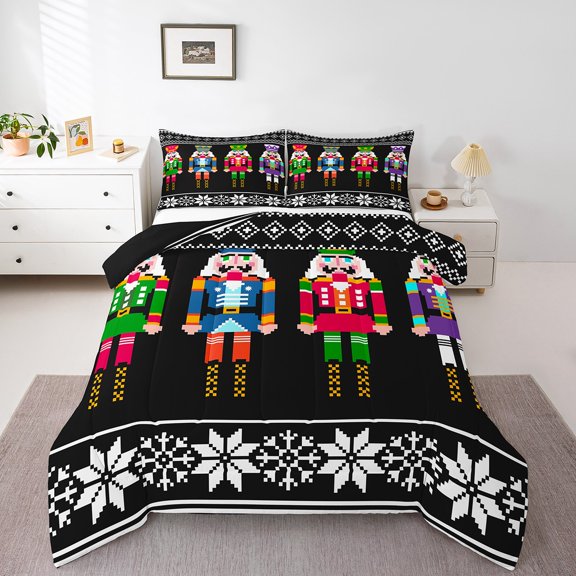 Nutcracker Comforter Set Full Size, Retro Xmas Bedding , Colorful Scandinavian Christmas Snowflakes Bedding Comforter Sets, Black White Bedroom Decor Winter Duvet Insert