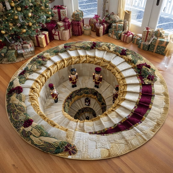 Nutcracker Descent Quilted Round Mat, 3D Optical Illusion Christmas Rug, Nutcracker Descent Floor Mat, Holiday Home Decor, Indoor Outdoor Area Rug