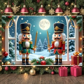 Nutcracker Design Christmas Banner Christmas Themed Nutcracker Display Red Green Color Snowy Scene Holiday Backdrop for Christmas Party Winter Celebration Home Decor
