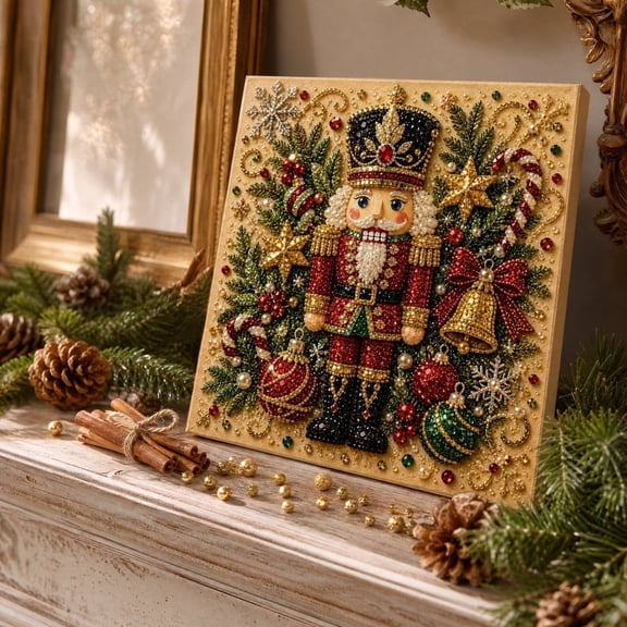 Nutcracker Diamond Art Painting Kit for Adults, Christmas DIY Pearl Bead Craft Set, Festive Home Wall Art Decoration
