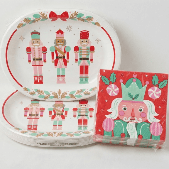 Nutcracker Disposable Oval Paper Plates & Napkins Set, Christmas Party Supplies