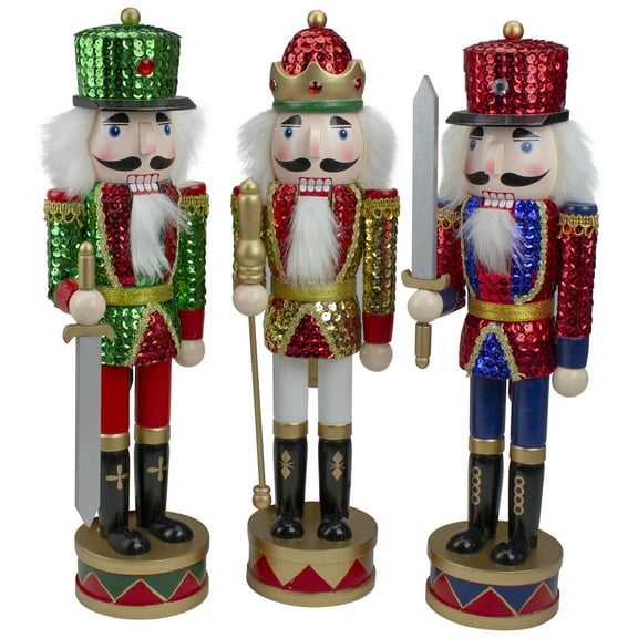 Nutcracker Factory Set of 3 Red Sequin Jacket Wooden Christmas Nutcrackers 14.25"