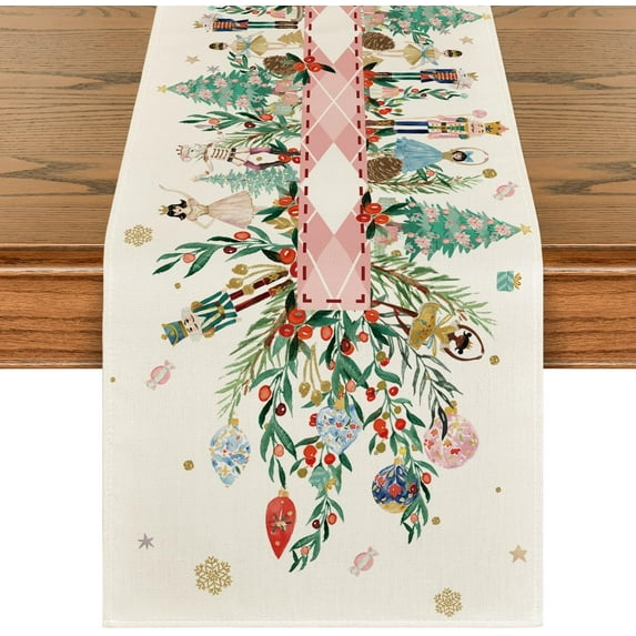 Nutcracker Floral Holly Christmas Table Runner, Seasonal Winter Kitchen Dining Table Decoration for Home Party Decor