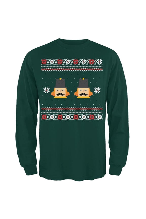 Nutcracker Full Color Ugly Christmas Sweater Dark Green Adult Long Sleeve T-Shirt - Medium