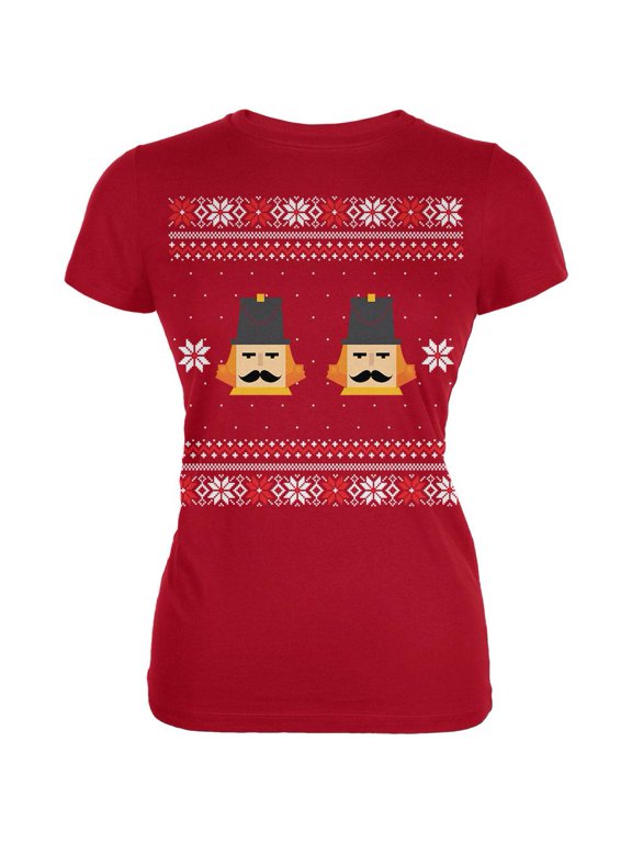 Nutcracker Full Color Ugly Christmas Sweater Red Juniors T-Shirt - Large