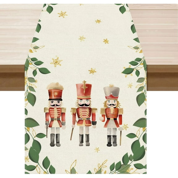 The Nutcracker Golden Snowflakes Eucalyptus Leaves Christmas Winter Xmas Cloth Table Runner Burlap Table Decoration for Home Kitchen Dining Dinner Indoor Holiday Farmhouse Decor 13.8x108 Inch
