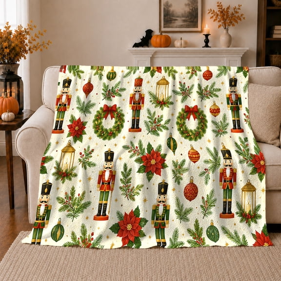 Nutcracker Holiday Pattern Scene, Warm Illustrative Christmas Style for Christmas Lovers, Red Bow Lantern Theme and Christmas Gift, Cozy Flannel Blanket, Home Decor
