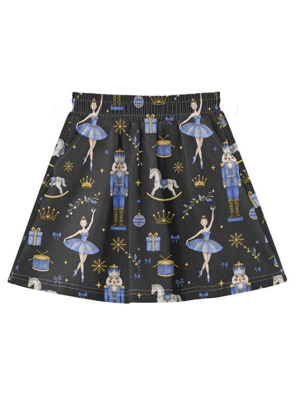 Nutcracker Horse Pattern Print Cotton Skirt Built-in Liner Elastic A-Line Flared Skirt with Pockets