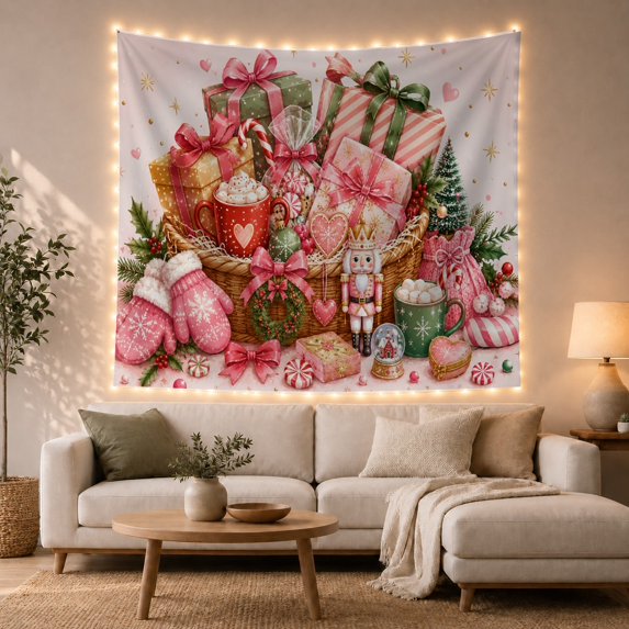 Nutcracker in Overflowing Holiday Basket Against White Background Whimsical Illustration for Kids and Girls Wall Decor, Christmas Gift Tapestry Wall Hanging for Bedroom and Nursery