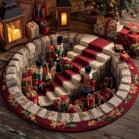 Nutcracker Parade Pit Quilted Round Mat, 3D Optical Illusion Christmas Rug, Nutcracker Parade Floor Mat, Holiday Home Decor, Indoor Outdoor Area Rug