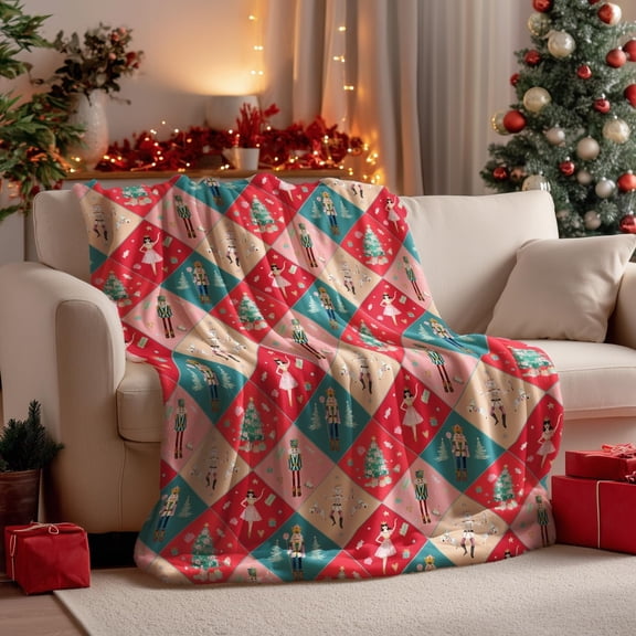 Nutcracker Patchwork Print Flannel Throw Blanket, Choose From 30 x 40,40 x 50,50 x 60,60 x 80 Inches, Soft Cozy Blanket for Bed