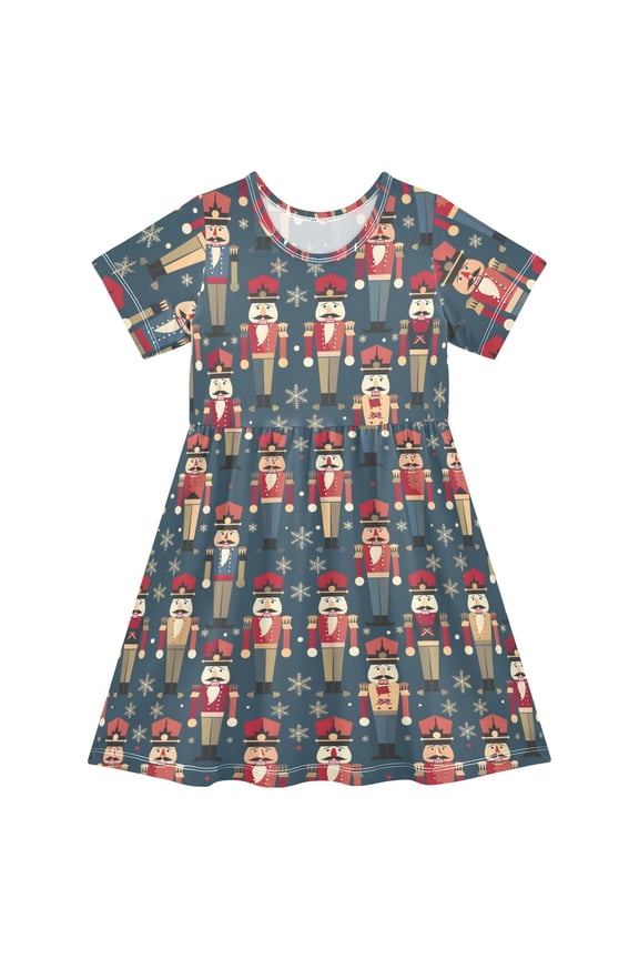 Nutcracker Pattern Short Sleeve Dress A-Line Cute Midi Casual Sundress 2-8 Years