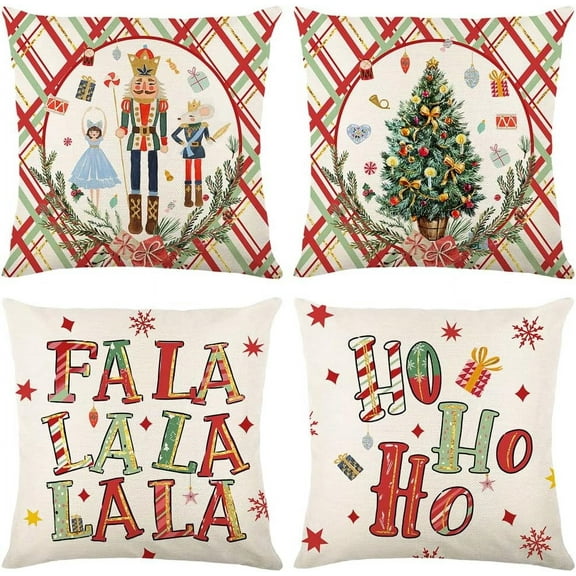 Nutcracker Pillow Covers Christmas Tree Pillow Cases Decorative Throw Pillows 16 x 16 Inch Set of 4 Xmas Winter Holiday Pillow Cushion Case Covers for Sofa Couch Red