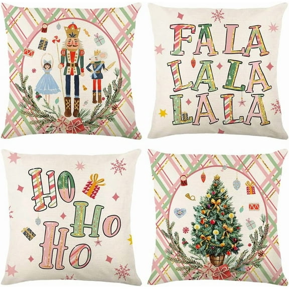 Nutcracker Pillow Covers Christmas Tree Pillow Cases Decorative Throw Pillows 18 x 18 Set of 4 Xmas Winter Holiday Pillow Cushion Case Covers for Sofa Couch Pink