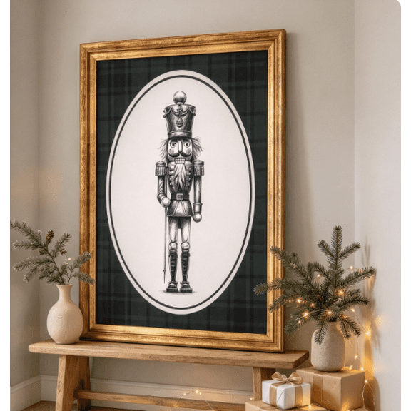 Nutcracker Print Framed Christmas Wall Art, Traditional Farmhouse Style Glass Covered Nutcracker Art for Mantel & Living Room