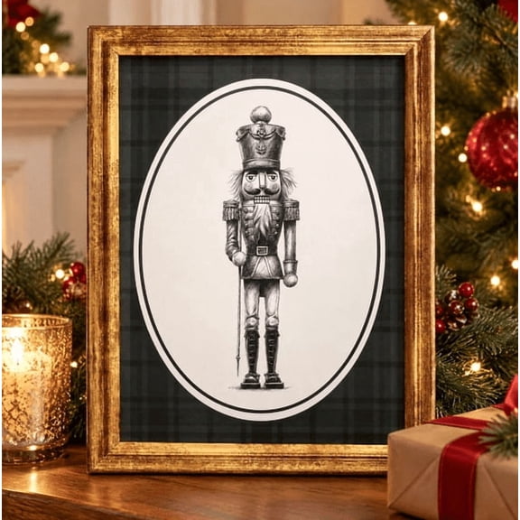 Nutcracker Print Framed Christmas Wall Art, Vintage Green Plaid Nutcracker Picture with Gold Frame for Holiday Home Decor