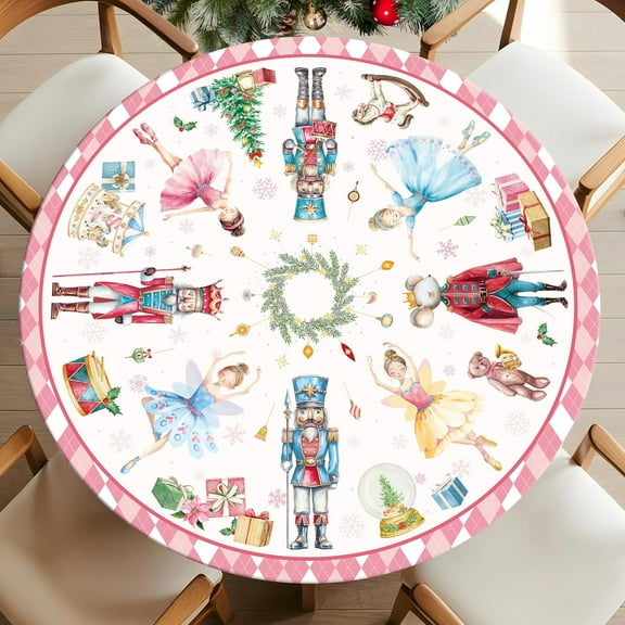 Nutcracker Round Christmas Tablecloth Pink Round Fitted Tablecloth with Elastic Waterproof Christmas Table Decorations Cover for Patio Holiday Party Fits to 40"-44" Round Table (Pink, 44" (Round))