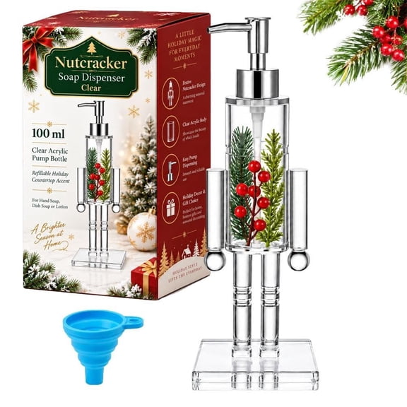 Nutcracker Soap Dispenser Clear, 100ml Refillable Acrylic Holiday Pump Bottle