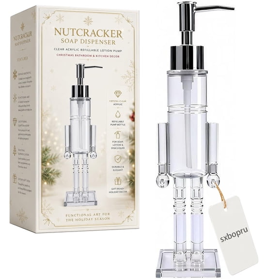 Nutcracker Soap Dispenser, Clear 130 ml Refillable Pump Bottle for Hand Soap, Dish Soap and Lotion, Bathroom and Kitchen Holiday Decor