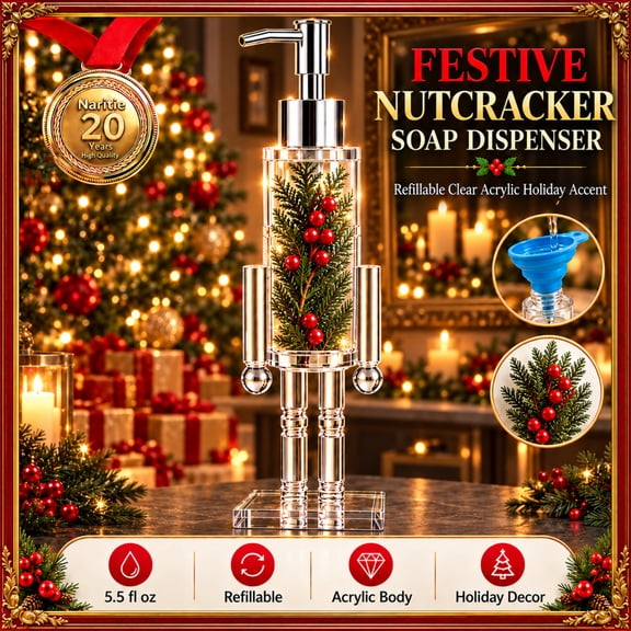 Nutcracker Soap Dispenser, Clear Acrylic Christmas Pump Bottle, Refillable 5.5 fl oz