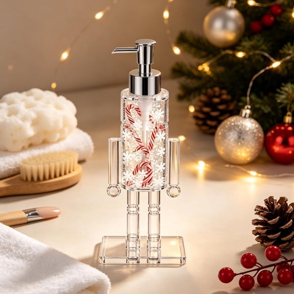 Nutcracker Soap Dispenser Clear Acrylic Christmas Soap Dispenser,Christmas Nutcracker Soldier Hand Wash Dispenser Bottle with Candy Cane and Snowflake Stickers
