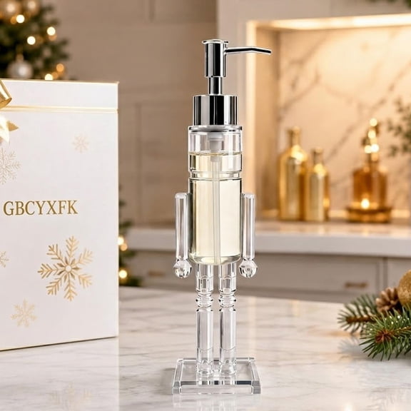 Nutcracker Soap Dispenser Clear Acrylic Holiday Counter Decor Clear Acrylic Lotion Pump Bottle, Refillable Hand Dish Soap Dispenser, Festive Christmas Bathroom Kitchen Counter Decor
