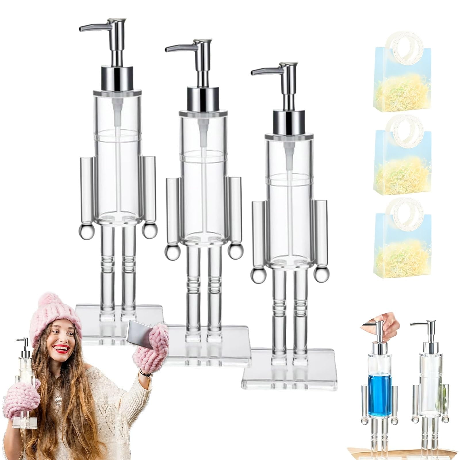 Nutcracker Soap Dispenser, Decorative Refillable Christmas Hand Soap Bottle, Transparent Acrylic Festive Wash Liquid Lotion Pump for Holiday Bathroom & Home Kitchen Accessories Decor Gifts 3PC