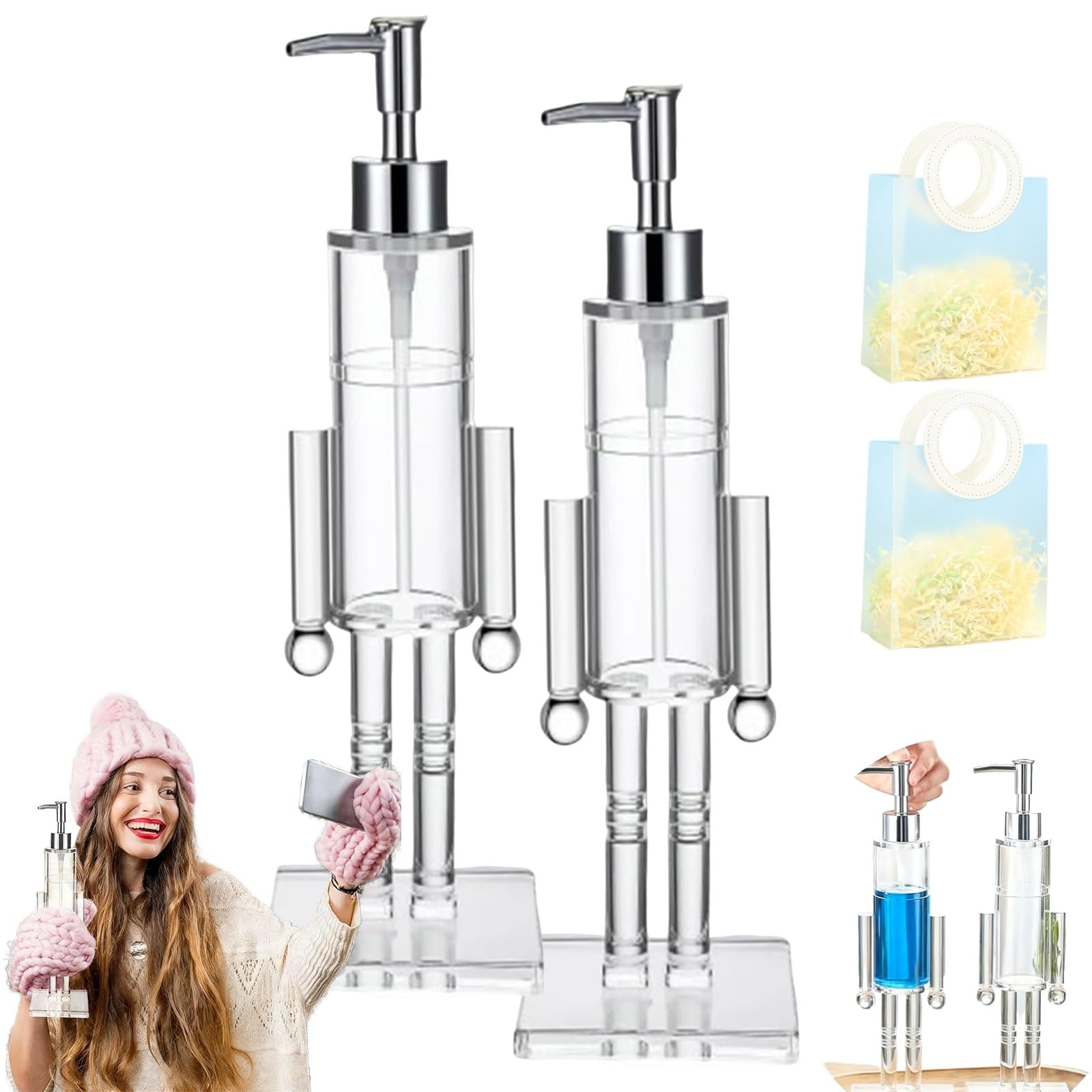 Nutcracker Soap Dispenser, Decorative Refillable Christmas Hand Soap Bottle, Transparent Acrylic Festive Wash Liquid Lotion Pump for Holiday Bathroom & Home Kitchen Accessories Decor Gifts 2PC