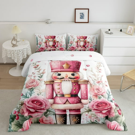 Nutcracker Soldier Comforter Set Queen Size,Pink Rose Flower Bedding Set 3Pcs Teens Room Decor,Christmas Theme Quilt Set Cartoon Fairy Tale Duvet Insert,2 Pillowcases